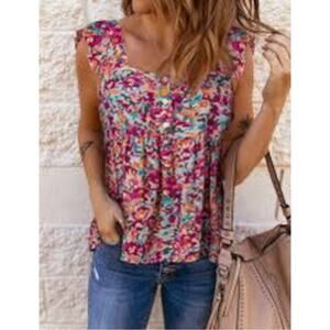Boutique Floral Ruffle Square Neck Peplum Tank Top